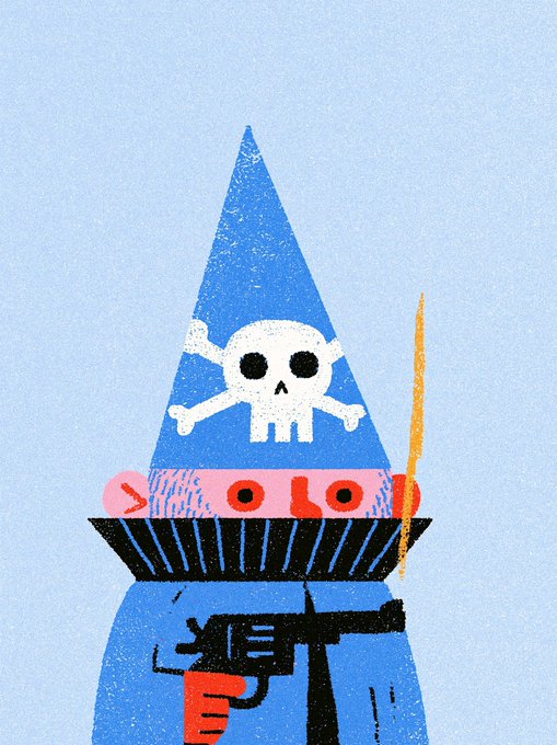 A stylized illustration of a skull and crossbones on a blue triangular background above a hand holding a gun, with "X OLO" text.