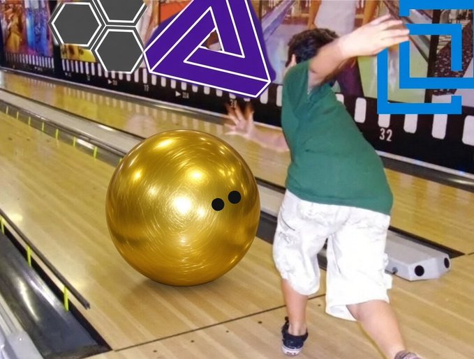 A humorous meme image showing a person bowling with an oversized gold bowling ball, decorated with stylized geometric icons at the top.