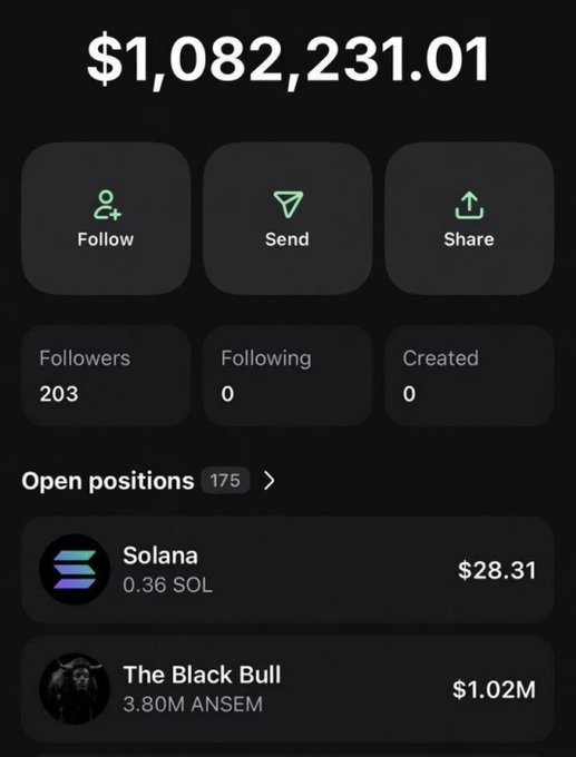 A screenshot of a crypto trading portfolio displaying a total balance of $1,082,231.01, with 175 open positions including 3.80M ANSEM tokens in "The Black Bull" valued at $1.02M, visually backing up the poster's claim of turning a $28 investment into $1M profit after calling the $ANSEM token at a 10k market cap.