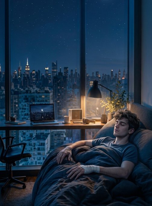 A young man rests peacefully in bed, wrapped in dark blankets with a bandaged hand, beside a desk featuring a glowing lamp, laptop, and coffee mug, with a stunning nighttime cityscape of Connecticut's skyline visible through floor-to-ceiling windows. The serene, quiet scene captures the essence of winding down after a long day, mirroring the post's message of rest, reflection, and preparing to return stronger tomorrow.