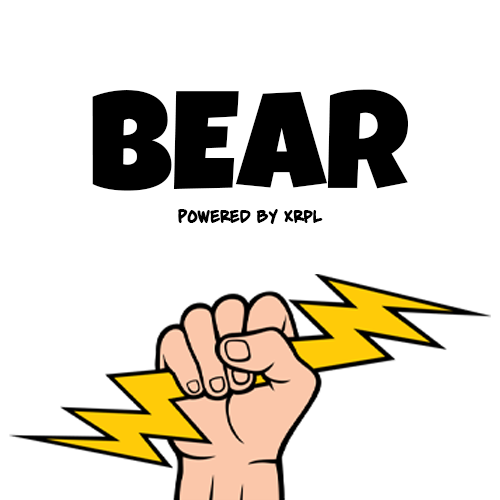 A logo for 'BEAR' powered by XRPL, featuring a cartoon fist surrounded by yellow lightning bolts.