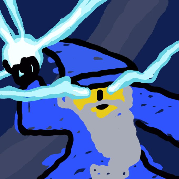 A crude digital drawing shows a blue and yellow figure with a simple smiley face, featuring black lines and light blue energy-like extensions against a dark blue background.