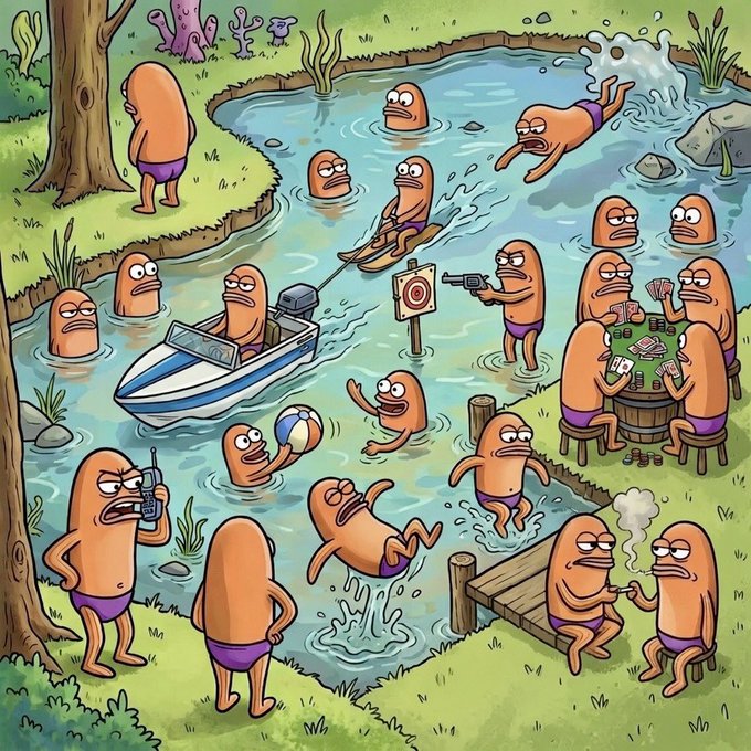 A humorous cartoon illustration depicting numerous orange, finger-like characters in purple swim trunks enjoying various activities at a pond, including swimming, boating, playing poker, shooting a gun, and using a radio.