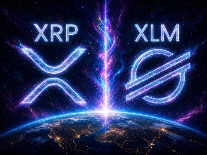 A cosmic-themed graphic showing the XRP (Ripple) and XLM (Stellar) cryptocurrency logos glowing in blue and purple energy above Earth from space.