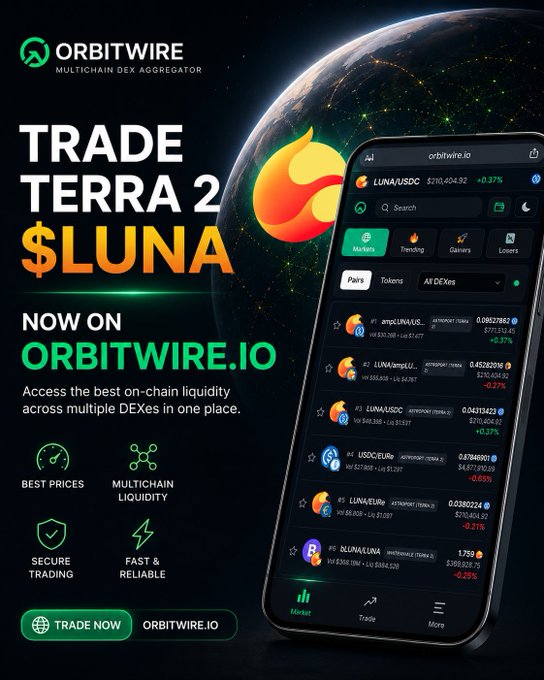 A promotional graphic for 'ORBITWIRE' multichain DEX aggregator advertising 'TRADE TERRA 2 $LUNA NOW ON ORBITWIRE.IO' alongside a phone mockup showing a trading interface.