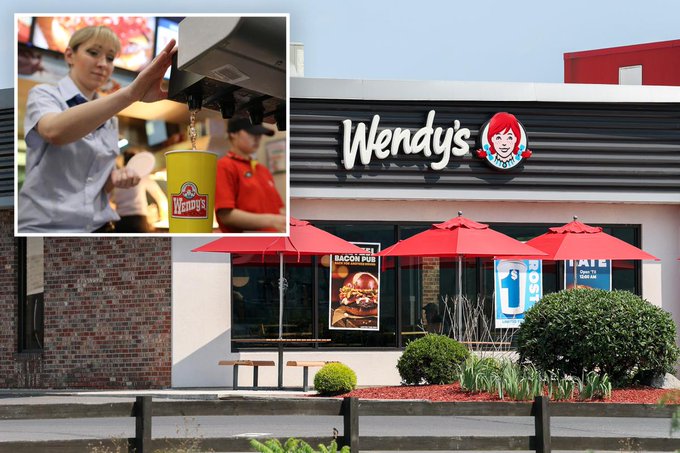 A composite image shows a Wendy's restaurant exterior with red umbrellas and an inset photo of an employee serving food at a counter.