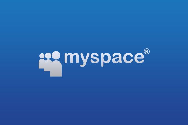 The image displays the classic MySpace logo with its iconic three stylized figures and lowercase "myspace®" text on a blue background, representing the brand that is planning its comeback more than 20 years after launch, with new owners aiming to revive it as a music- and creativity-focused platform.