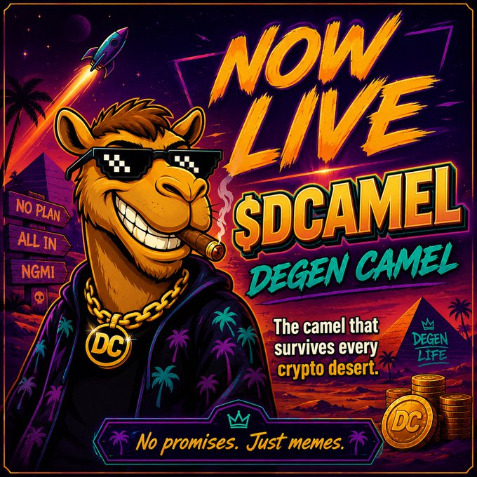 A vibrant 'NOW LIVE' promotional poster for '$DCAMEL DEGEN CAMEL' featuring a sunglasses-wearing camel smoking a cigar with a gold chain, a rocket, pyramids, and the tagline 'No promises. Just memes.'