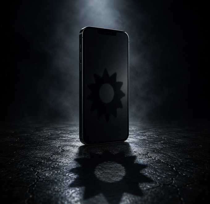 A dark, moody smartphone stands upright on a textured surface, its screen displaying a subtle sunburst logo surrounded by atmospheric mist. The sleek, futuristic device visually reinforces the post's claim of a next-generation, "2030-feel" wallet that embraces permissionless, decentralized, crosschain, and agentic principles.