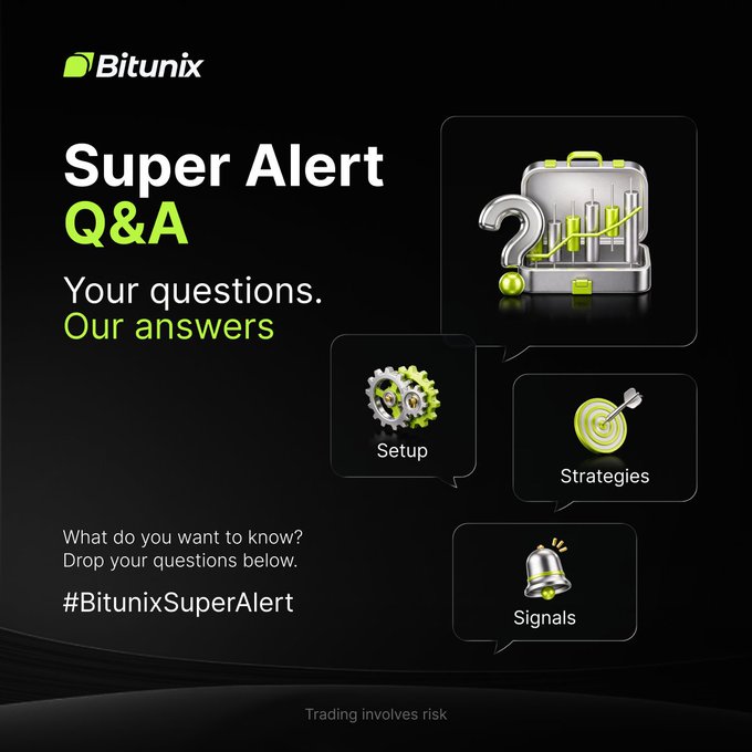 A Bitunix promotional graphic for their "Super Alert Q&A" campaign invites users to submit questions about the challenge, featuring icons for Setup, Strategies, and Signals alongside the hashtag #BitunixSuperAlert and a disclaimer that "Trading involves risk." The image complements the post by visually encouraging community engagement about tasks, rewards, and how to join the challenge.