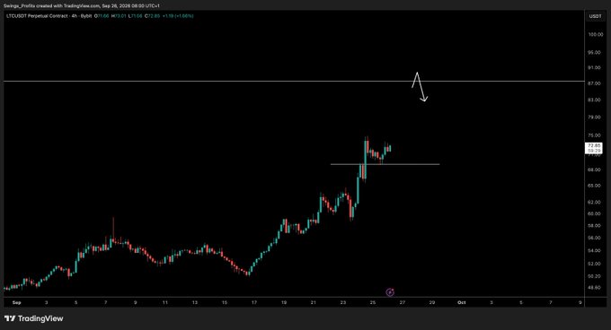 A TradingView 4-hour LTC/USD chart shows Litecoin's price rising from around $52 to approximately $73, with a horizontal resistance line near $69 and a white arrow pointing toward potential further upside near $87. The chart supports the post's bullish update that the next leg up is coming for Litecoin.