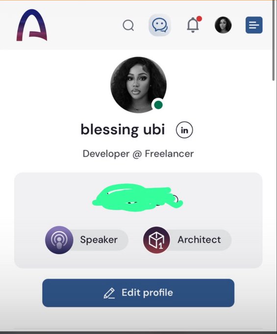 A user profile page for 'blessing ubi' listed as a Developer @ Freelancer, with an 'Edit profile' button and badges for Speaker and Architect roles.