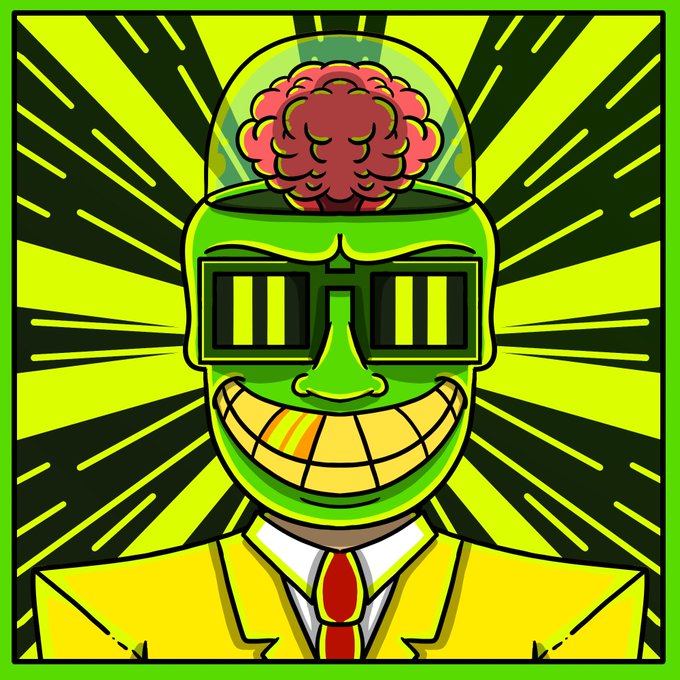 A vibrant pop-art illustration of a green character in a yellow suit and red tie with an exposed brain in a glass dome, wearing sunglasses with a toothy grin.