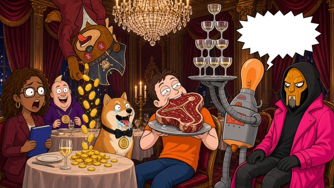 A colorful cartoon scene of characters dining at an opulent restaurant, featuring a Shiba Inu with a Bitcoin collar, gold coins, a raw steak, champagne, and a speech bubble.