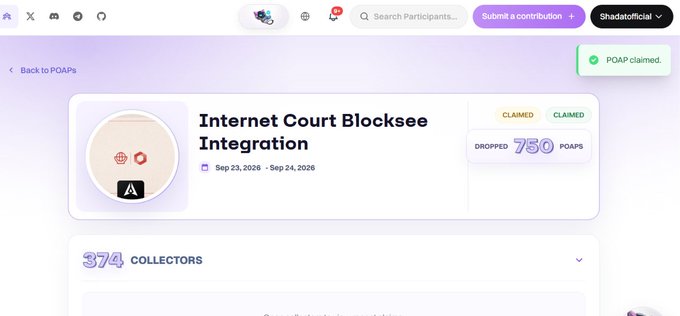 The image shows a POAP (Proof of Attendance Protocol) portal page titled "Internet Court Blocksee Integration" with dates Sep 23, 2026 - Sep 24, 2026, displaying 750 POAPs claimed (out of 750 available), a "POAP claimed" confirmation badge in the top right, and 374 collectors listed below. This visually confirms the post's mention of a 750-mint FCFS POAP drop associated with GenLayer, tied to an Internet Court initiative.