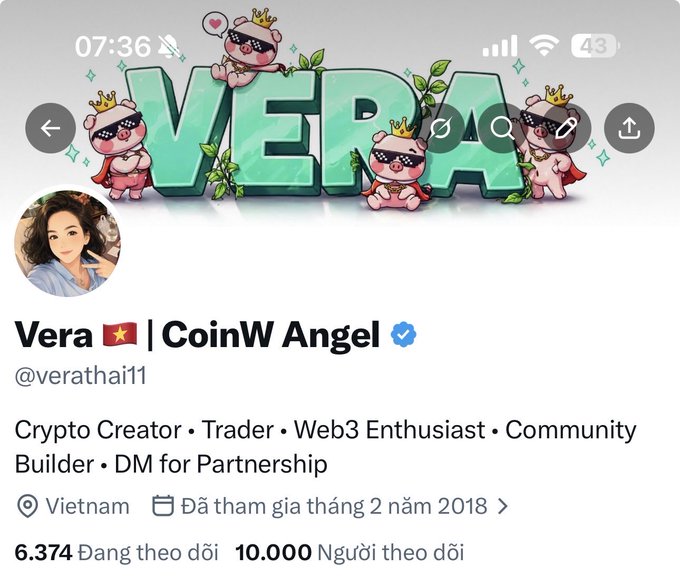 A Twitter (X) profile page for "Vera 🇻🇳 | CoinW Angel" (@verathai11), a crypto creator based in Vietnam with 10,000 followers, features a decorative banner with cartoon bears wearing crowns and pixel sunglasses spelling "VERA." The profile pic shows an illustrated woman, and the post celebrates Saturday payday morning with a playful nod to Elon Musk's X notifications, fitting the account's crypto-community vibe.