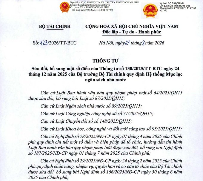 An official Vietnamese government document (Thông tư 123/2026/TT-BTC) from the Ministry of Finance amending regulations on the national administrative document index system.