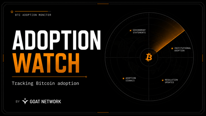 The image features a black background with white text that reads "Adoption Watch" at the top, followed by an orange circle containing a Bitcoin symbol. Below this, there are three bullet points providing information about adoption of Bitcoin. The text also includes the names of two individuals and their roles in the Bitcoin community.