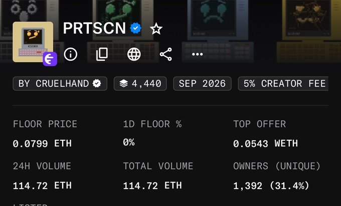 An NFT marketplace page for 'PRTSCN' by 'CRUELHAND', showing a floor price of 0.0799 ETH, a top offer of 0.0543 WETH, and 1,392 unique owners.