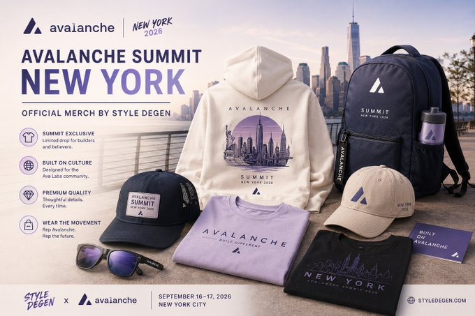 A promotional graphic for the 'Avalanche Summit New York 2026' event by Style Degen, displaying merchandise including hoodies, caps, a backpack, t-shirt, sunglasses, and water bottle against a NYC skyline backdrop.