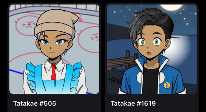 Two Pokémon character portraits showing the evolution of a trainer character: "Tatakae #505" wearing a blue outfit with a beanie on an ice rink, and "Tatakae #1619" in a blue jacket at night.
