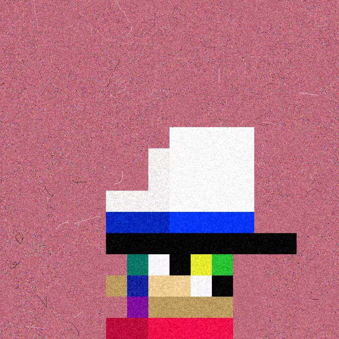 A pixelated character composed of blocky colored squares (including white, blue, black, green, yellow, and red) is displayed against a pink speckled background, relating to the post as the newly acquired "CreepKids" NFT collectible gifted to the user.