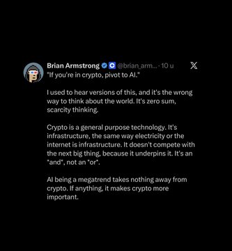 A tweet from Brian Armstrong (@brian_arm…) on X argues that AI being a megatrend makes crypto more important, stating that crypto is general-purpose infrastructure like the internet, not zero-sum with AI. The image supports the accompanying post about Coinbase CEO Brian Armstrong's views on how AI will drive crypto adoption, particularly through his concept of "Agentic Finance (AiFi)."