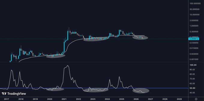 A TradingView chart displays the $DOGE weekly price action from 2017-2029, showing the price currently sitting below the 200-week simple moving average (highlighted around the 0.05-0.10 range) with multiple consolidation zones marked, while the lower monthly RSI indicator has remained below 50 for approximately 9 months—visually supporting the post's dollar-cost averaging strategy into bearish conditions.
