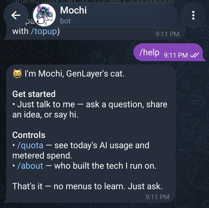 A screenshot of a Telegram chat with "Mochi bot" displaying its welcome message after the user typed "/help". The bot introduces itself as "GenLayer's cat" and lists commands including /quota for checking AI usage and /about for tech information, demonstrating the interactive learning tool mentioned in the post about GenLayer's new Telegram agent.