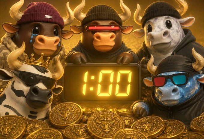 A digital artwork of anthropomorphic bull characters wearing beanies, sunglasses, and 3D glasses surrounding a digital clock showing '1:00', with gold coins at the bottom.