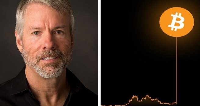 Michael Saylor, shown alongside an illustration of a Bitcoin price chart with the "₿" symbol, continues to champion Bitcoin's long-term potential, projecting that Strategy's $70 billion BTC holdings could one day see the cryptocurrency reach $10 million per coin as global capital shifts toward digital assets.