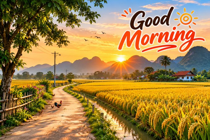 A scenic 'Good Morning' greeting card featuring a vibrant sunrise over rice paddies, mountains, a country path with a rooster, and the 'Good Morning' text with a small sun illustration.