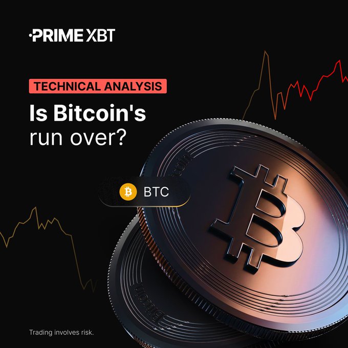 A Prime XBT promotional graphic featuring a large 3D Bitcoin coin with the text 'TECHNICAL ANALYSIS' and 'Is Bitcoin's run over?' alongside a red downward-trending chart line on a black background, with 'Trading involves risk' at the bottom and a 'BTC' tag.