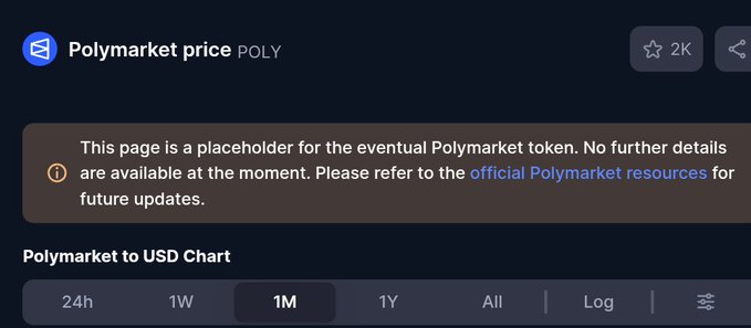 A screenshot of a "Polymarket price POLY" page displaying a placeholder notice indicating no details are available yet for the eventual Polymarket token, with a recommendation to refer to official Polymarket resources for future updates, and a 1M timeframe selected on the USD chart below. The image directly supports the post's observation of the newly appeared placeholder page and speculation about an upcoming TGE for the $POLY token.