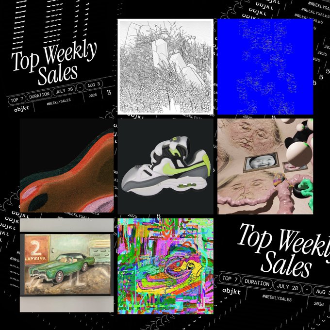A 'Top Weekly Sales' promotional graphic dated July 28 - Aug 3, displaying a grid of various digital artworks including sketches, abstract pieces, sneakers, and a green car.