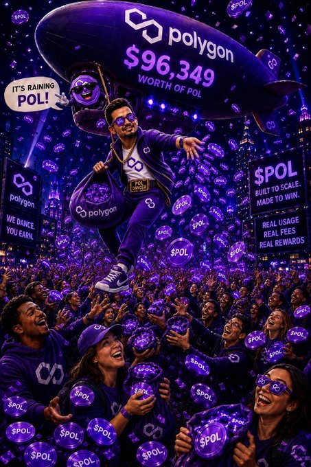 A vibrant promotional illustration for Polygon cryptocurrency showing a man in a purple tracksuit jumping with bags of '$POL' tokens raining down on a cheering crowd, highlighting $96,349 worth of POL with the tagline 'Built to Scale. Made to Win.'