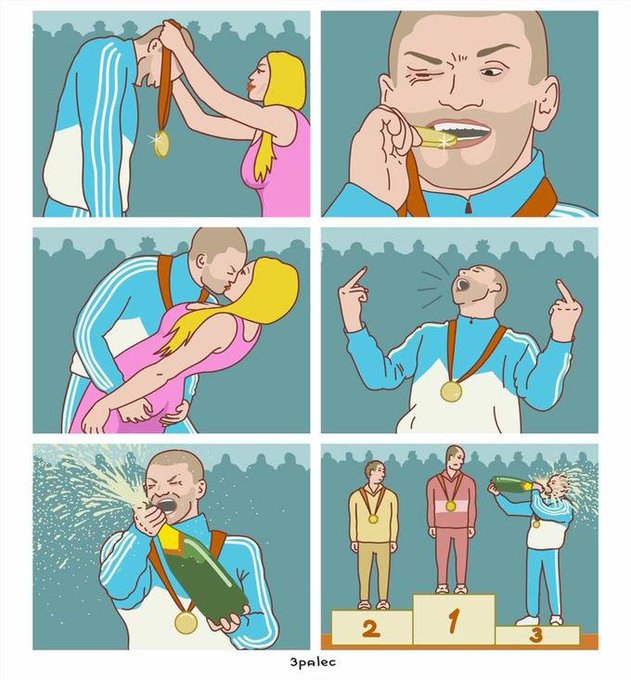 A six-panel comic by artist "3palec" depicting a satirical sequence where an athlete receives a gold medal, kisses a blonde woman, celebrates, and then sprays champagne—ending with him in third place on a podium behind two other medalists.