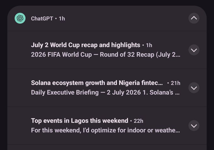 A screenshot of ChatGPT showing three recent daily briefings: a "July 2 World Cup recap and highlights" about the 2026 FIFA World Cup Round of 32, a "Solana ecosystem growth and Nigeria fintech" daily executive briefing, and "Top events in Lagos this weekend." The image illustrates the customized news setup described, displaying exactly the categories—World Cup, Solana/Nigeria fintech, and Lagos events—that the user configured ChatGPT to curate each day.