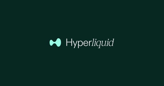 The image displays the "Hyperliquid" logo, featuring a stylized teal bowtie-like icon next to the brand name in white serif typography against a dark green background, visually representing the cryptocurrency exchange platform Hyperliquid mentioned in the post.