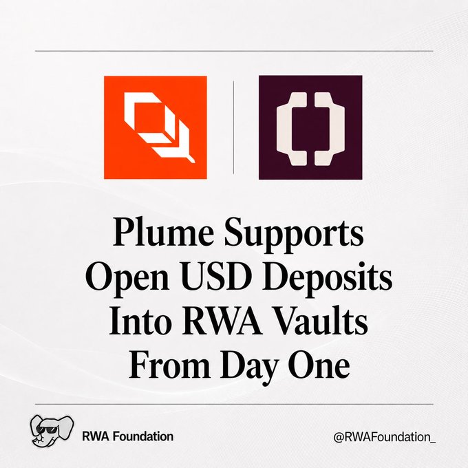 An announcement graphic reading 'Plume Supports Open USD Deposits Into RWA Vaults From Day One' with logos for Plume and another entity, branded by RWA Foundation (@RWAFoundation_).