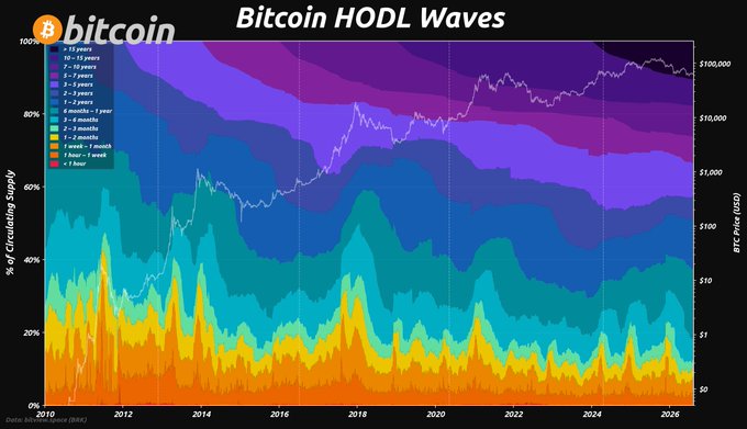 A chart titled "Bitcoin HODL Waves" showing the percentage of circulating Bitcoin supply held for various time periods (from <1 hour to 10+ years) alongside BTC price in USD from 2010 to 2026.