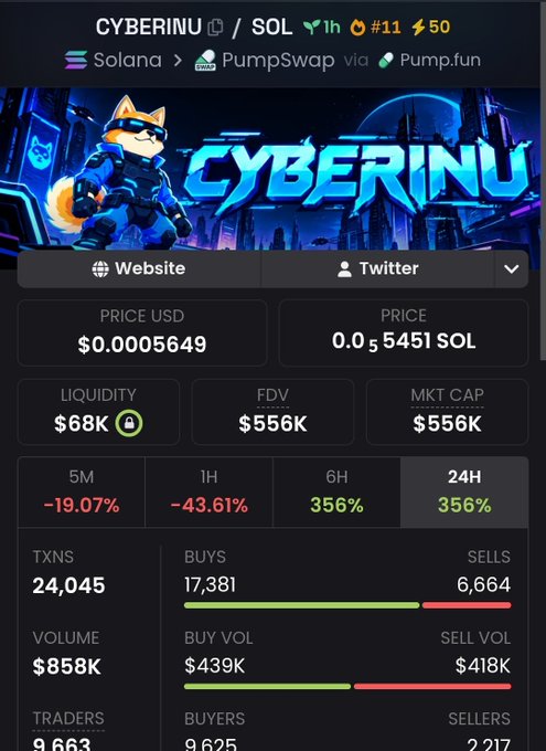 A cryptocurrency analytics dashboard for the token 'CYBERINU' on the Solana blockchain, displaying a price of $0.0005649, a market cap of $556K, and a significant 356% price increase over 24 hours.
