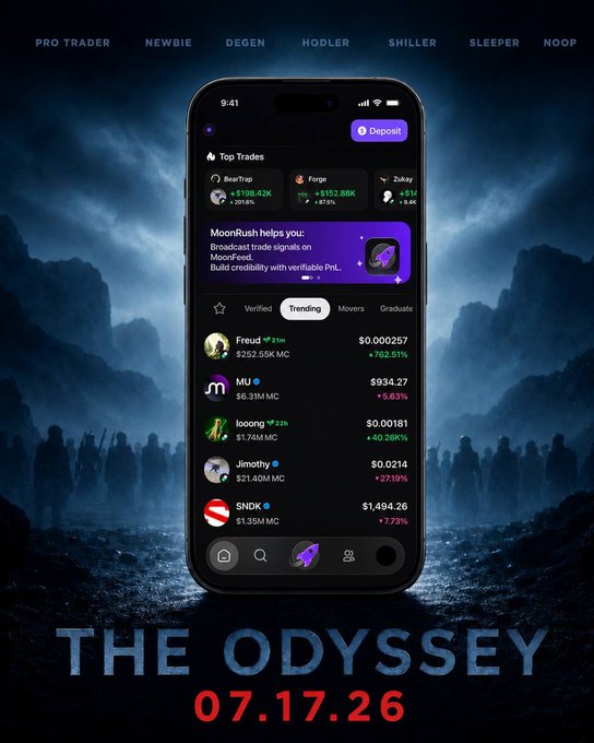 A promotional graphic for MoonRush cryptocurrency trading app displayed on a smartphone, showing user categories like 'PRO TRADER' and 'NEWBIE' at the top and a list of trending tokens with prices, titled 'THE ODYSSEY 07.17.26'.