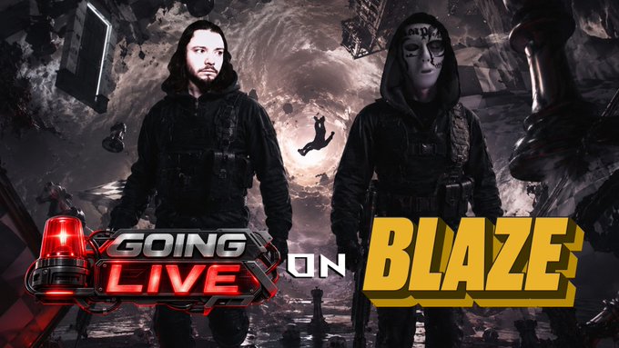 A promotional banner reading 'GOING LIVE ON BLAZE' showing two figures in dark hoodies—one wearing a Guy Fawkes mask—against a chaotic background.