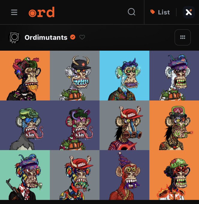 A screenshot of the OpenSea NFT marketplace showing a collection called 'Ordimutants' featuring colorful cartoon zombie ape characters with various hats and accessories.
