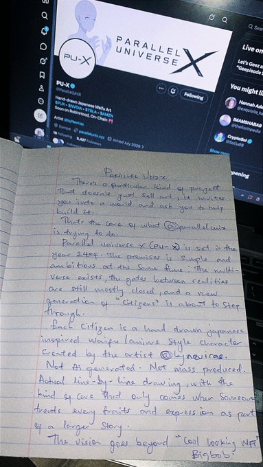 A handwritten letter on lined paper lies in front of a screen displaying the 'PU-X' Parallel Universe X artist profile on what appears to be Twitter.