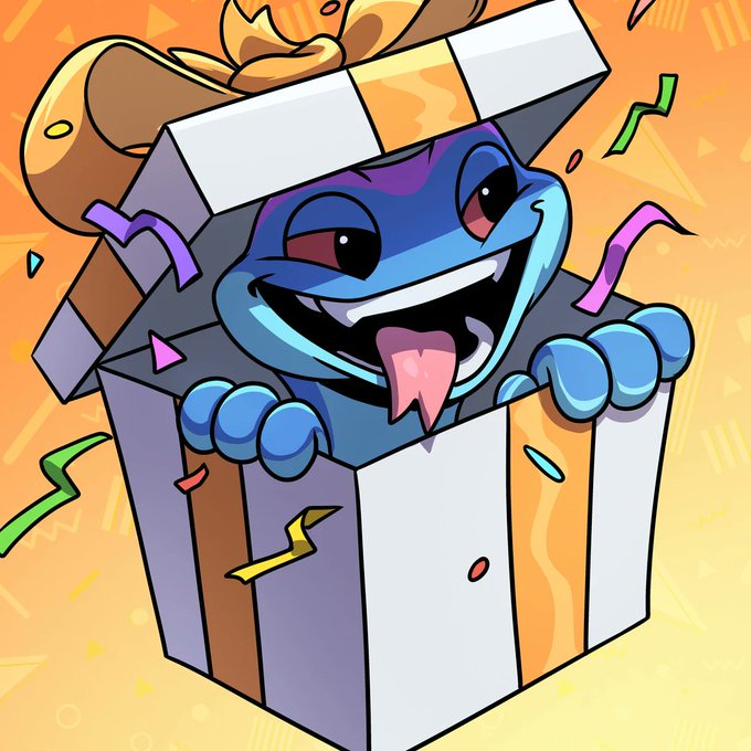 An illustration of a blue cartoon frog-like character emerging from a wrapped gift box with an orange ribbon, sticking out its tongue amid colorful confetti on an orange background.