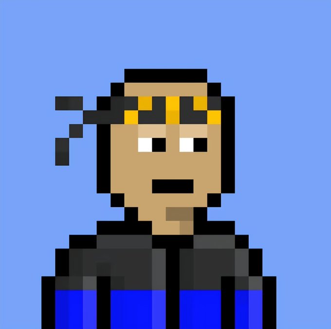A pixel art illustration depicting a character with brown skin, dark hair, a goatee, and yellow sunglasses worn on their forehead, dressed in a dark top and blue pants against a light blue background.