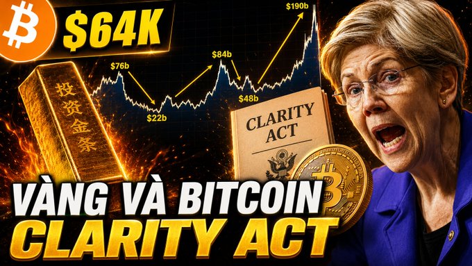 A YouTube thumbnail featuring Elizabeth Warren alongside a Bitcoin graphic priced at "$64K," gold bars labeled "投資金條" (investment gold bars), a chart showing rising values like $22b, $48b, $76b, $84b, and $190b, and a "CLARITY ACT" document, with the caption "VÀNG VÀ BITCOIN CLARITY ACT." The bold imagery of surging gold and Bitcoin values tied to the Clarity Act visually reinforces the video's theme about market speculation on crypto and stock movements amid conflict.