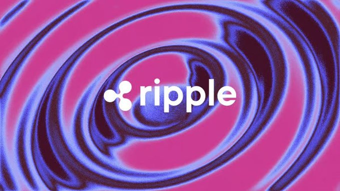 The image displays the Ripple logo (text "ripple" with its three-circle symbol) centered on a swirling pink, purple, and blue psychedelic background. It serves as a branded visual accompanying the announcement of Ripple's RLUSD stablecoin launch in Japan via SBI VC Trade.